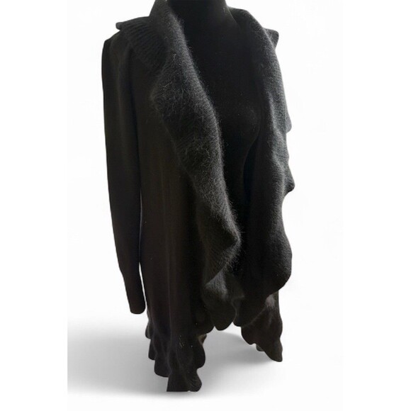 White House Black Market Cardigan Sz M Black Ruffle Open Front Rabbit Hair Wool - Picture 8 of 10